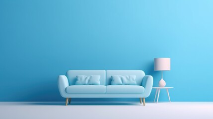 Soft blue sofa on blue background, 3D illustration, AI generated image. Modern minimalistic living room interior detail