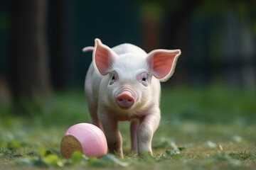 cute pig playing ball in the yard