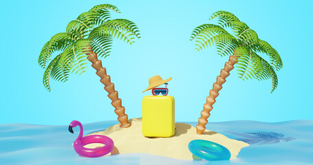Sandy island with a palm tree and a suitcase. Vacation travel summer. 3d rendering
