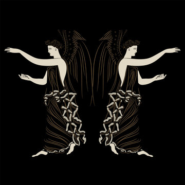 Symmetrical ethnic design with two standing winged antique women or angels. Ancient Greek goddess Nike. On black background.