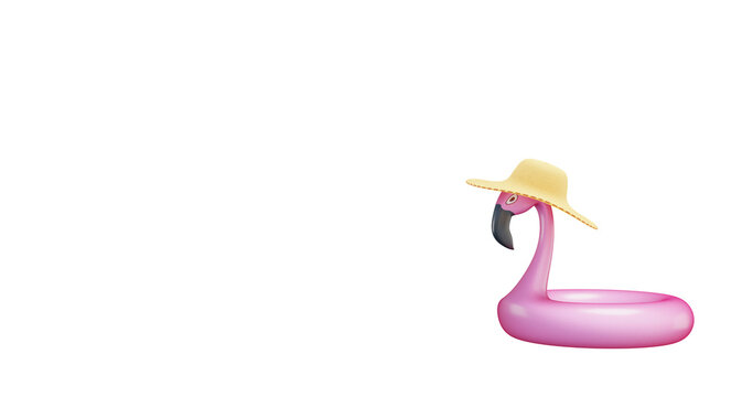 Pink inflatable flamingo in a straw hat for the summer beach. 3d rendering