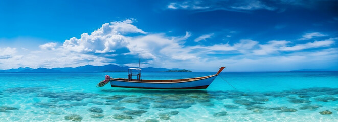 Panoramic View of Tropical Island Vacation on Turquoise Waters, generative AI