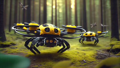 Agressive Modern drone flies in the forest. Generative AI