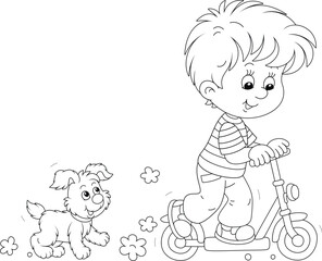 Happy little boy riding a toy scooter and playing with his merry puppy on a playground in a park on summer vacation, black and white vector cartoon illustration for a coloring book