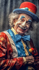 Obraz premium A smiling elderly man with colorful clothes and clown makeup - ai generative