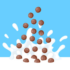Breakfast cereal falls into milk. Image of healthy food.