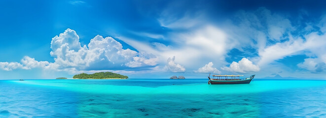 Tropical Island Getaway: Panoramic View of Boat in Turquoise Ocean Against Blue Sky with White Clouds, generative AI