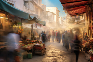market in a crowded city Long-exposure photography. generative AI