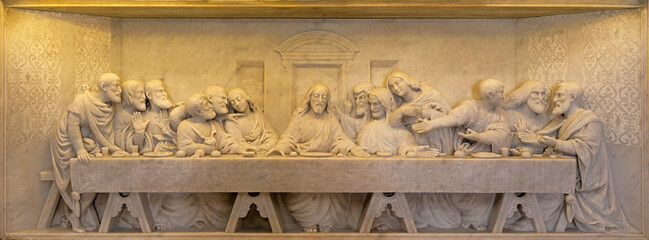 NAPLES, ITALY - APRIL 21, 2023: The relief of Last supper from altar of church Chiesa del Cenacolo...