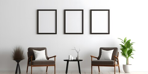 Blank picture frame mockup on white wall,Generative AI.