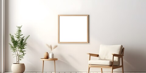 Blank picture frame mockup on white wall,Generative AI.