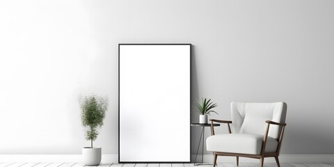 Blank picture frame mockup on white wall,Generative AI.