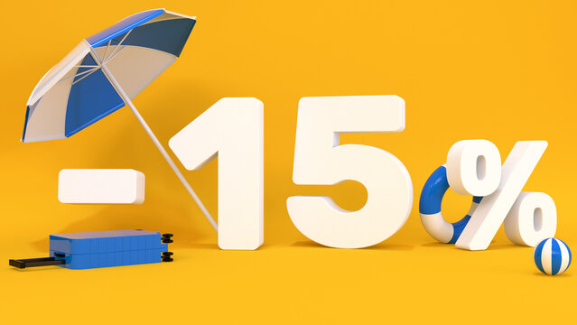 3d text minus 15 percent with luggage for travel on a yellow background. Concept for travel agencies, websites, travel discount, vacation. 3d rendering.