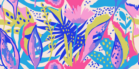 Seamless modern pattern with tropical plants. Exotic colorful floral pattern with abstract elements on beige background. Hand drawn collage with leaves, branches, flowers. Freehand illustration