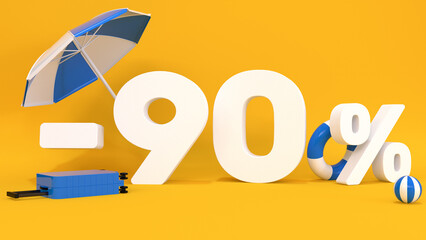 3d text minus 90 percent with luggage for travel on a yellow background. Concept for travel agencies, websites, travel discount, vacation. 3d rendering.