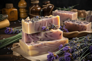 Obraz na płótnie Canvas Handmade natural soap with lavander Spa photo on rustic background