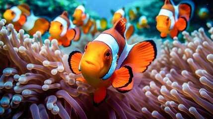 Naklejka na ściany i meble Clownfish Swimming Among the Vibrant Corals of a Tropical Reef. Generative ai