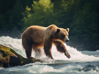 Grizzly bear in the wild hunting salmon