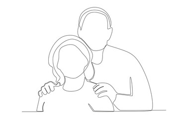 Grandfather embraced grandmother from behind. Grandparent day one-line drawing