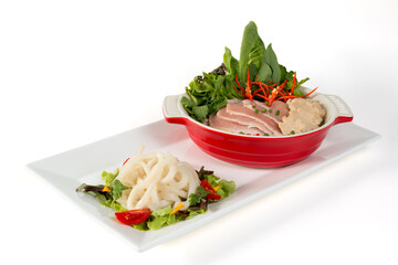 Vietnamese healthy food set; PHO as white noodles with sliced pork or beef and vegetable soup on white background