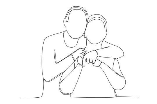 Grandfather hugs grandmother from behind. Grandparent day one-line drawing
