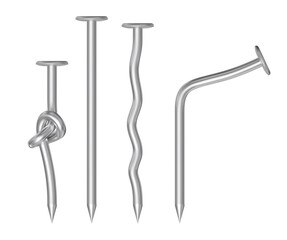 Bent, straight and knotted metal nails. Realistic vector.