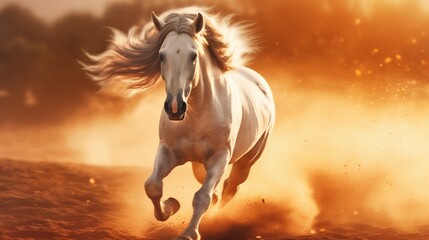 Obraz na płótnie Canvas Arabian Stallion Galloping Through a Sun-kissed Field. Generative ai