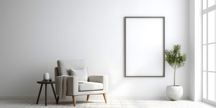 Blank picture frame mockup on white wall,generative ai