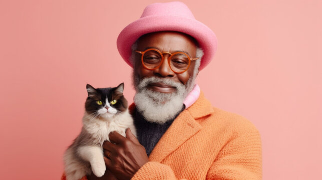 An African American cheerful elderly man wearing colorful attire lovingly hugs his pet cat. Generative AI