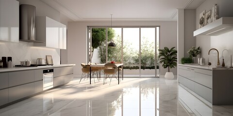 Fototapeta premium Modern disign kitchen interior with window and city veiw. AI generative image