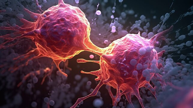 Uncontrolled Growth of Cancer Cells and their division under microscope. Deadly battle inside the body. Generative AI