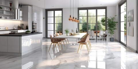 Modern disign kitchen interior with window and city veiw. AI generative image