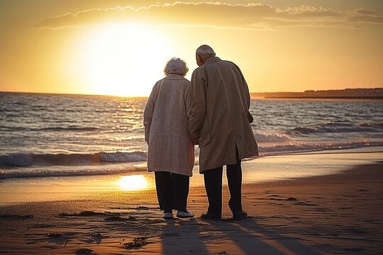 Old Couple Walking On The Beach At Sunset And Looking At The Sea. Generative AI