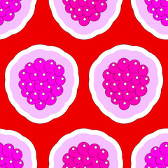 Colorful vector seamless pattern of raspberries on a red background. Summer juicy berries. A playful, fun design with a black outline. Print for fabrics, wallpaper, wrapping paper, gift bags