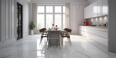 Fototapeta na wymiar Modern disign kitchen interior with window and city veiw. AI generative image