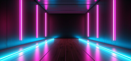 neon lights and dark colored lighting on the floor. generative AI