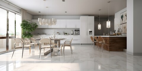 Modern disign kitchen interior with window and city veiw. AI generative image