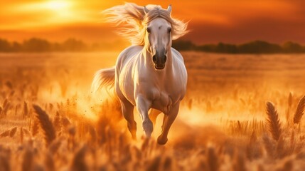 Fototapeta premium Arabian Stallion Galloping Through a Sun-kissed Field. Generative ai