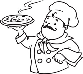 Funny italian chef with pizza. Emblem design
