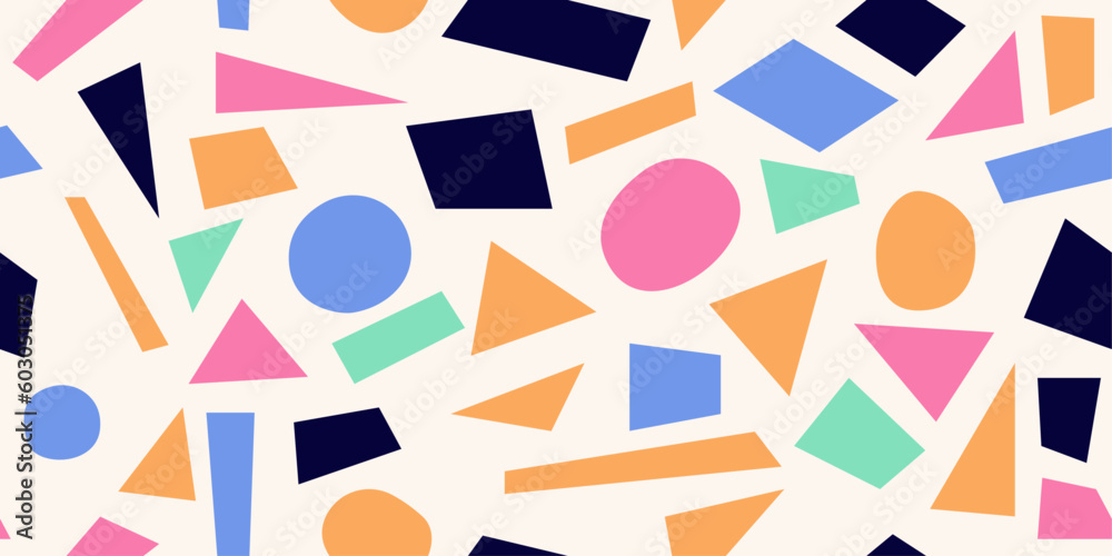 Poster Multicolored pattern with circles, rectangles, and triangles. Colored geometric shapes in a seamless pattern.