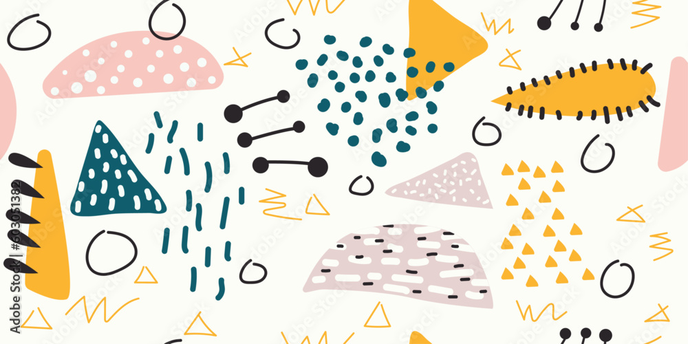 Poster Casual hand drawn shapes. Multi-colored and children's patterns with shapeless elements. Scandinavian abstraction, seamless stylish pattern.