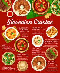 Slovenian cuisine restaurant menu page. Grilled beef sausages Cevapcici, stew Ota and bread Pogacha, dandelion egg salad, meat stew Bograch and nuts roll Potica, dumplings Struklji, cake Kremna Rezina