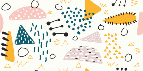 Casual hand drawn shapes. Multi-colored and children's patterns with shapeless elements. Scandinavian abstraction, seamless stylish pattern.