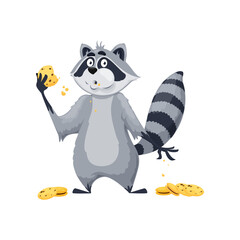 Cartoon raccoon character. Comical and cute baby animal personage eating cookies with chocolate chips, isolated funny raccoon character or mascot chewing sweet pastry dessert