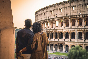 African american couple against Colosseum, Rome, Italy.  Tourists in love, visiting italian famous landmarks. Generative AI.