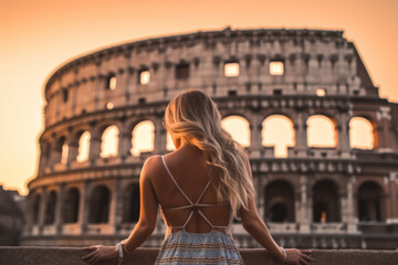 Obraz premium Back of blond woman against Colosseum, Rome, Italy. Tourist girl visit italian famous landmark. Generative AI.