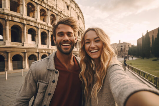 Couple making selfie on camera against Colosseum, Rome, Italy.  Tourists in love, visiting italian famous landmarks. Generative AI.