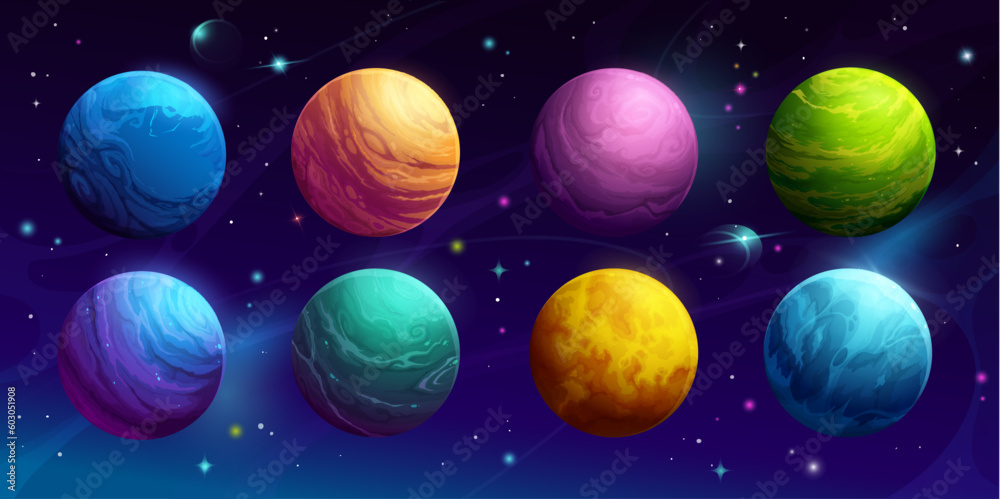 Poster cartoon space planets in galaxy sky or fantasy alien worlds, vector background. outer space extrater