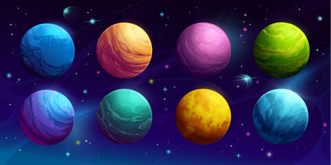 Cartoon space planets in galaxy sky or fantasy alien worlds, vector background. Outer space extraterrestrial planets or fantastic earth with lava or ice craters in starry sky with asteroids and comets © Vector Tradition