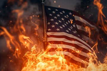 Burning American Flag with Fire Flames. Generative ai
